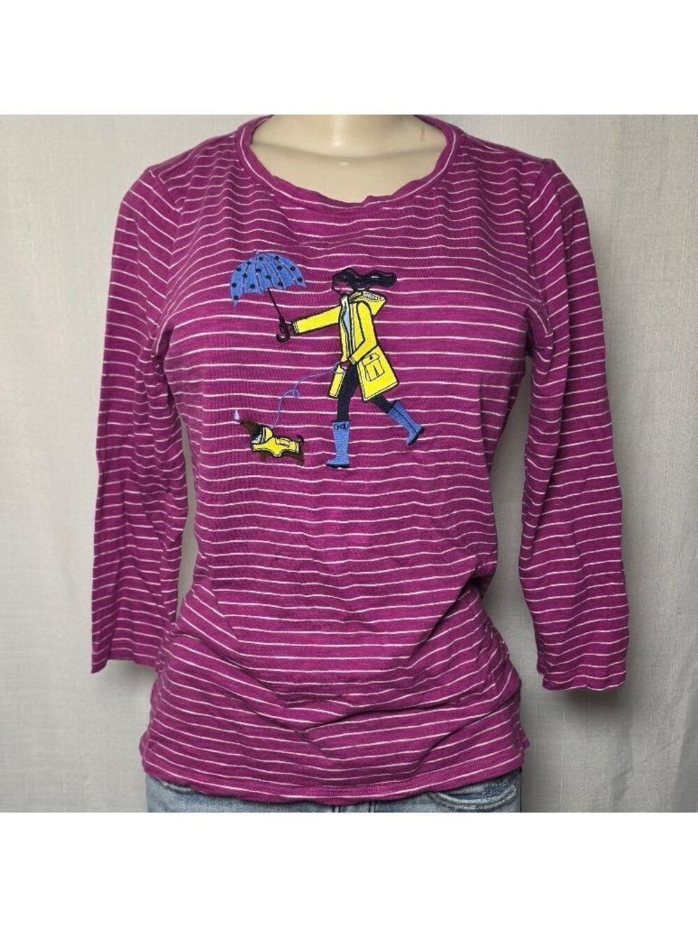 Talbots Embroidered Whimsy Rainy Day Dog Striped 3/4 Sleeve Top Purple Medium